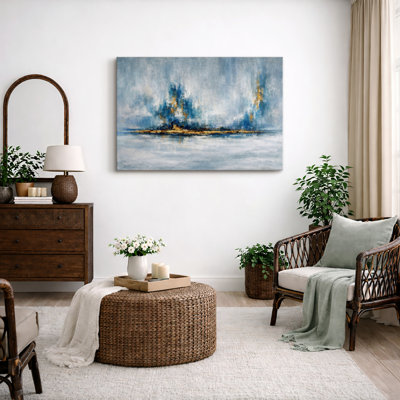 Blue Gold Abstract Seascape Artwork, Contemporary Living Room Pictures, Framed Canvas Giclee Print Wall Art