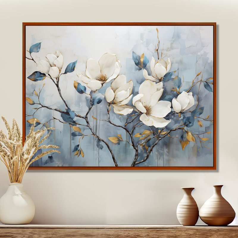 Elegant Magnolias Tranquility - art mural de salon Magnolias, H 30 po x l 40 po, Reproduction avec cadre flottant, Brun