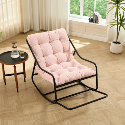 Chaise berçante d'extérieur, coussin confortable, avec coussin épais et doux, pour le salon, la chambre à coucher, la salle de lecture, structure noire avec coussin rose