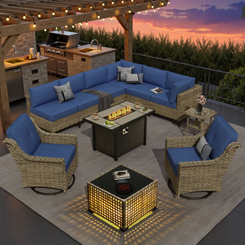 Sorella 11-Piece Modular Outdoor Rattan Seating Set With Cushions, Swivel & Rocking Chairs, Fire Pit Table & Lighted Coffee Table For Patio Or Backyard Gatherings