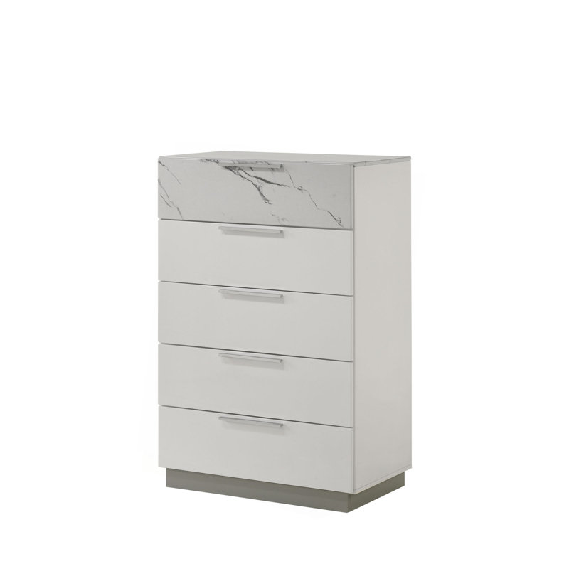Commode blanche brume - Finition bicolore très brillante en marbre et laque avec cinq tiroirs à glissement lisse, tiroir supérieur doublé de velours