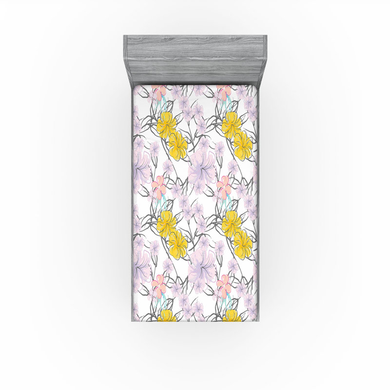 Drap-housse à motif floral Ambesonne, Moutarde, mauve pastel / floral, Drap-housse de taille simple