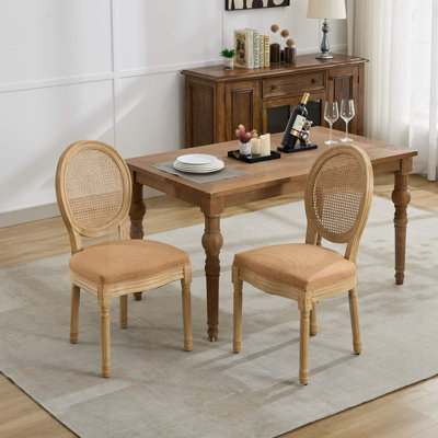 French Style Solid Wood Frame Antique Painting Linen Fabric Rattan Back Dining Chair, Perfect for Elegant and Comfortable Seating