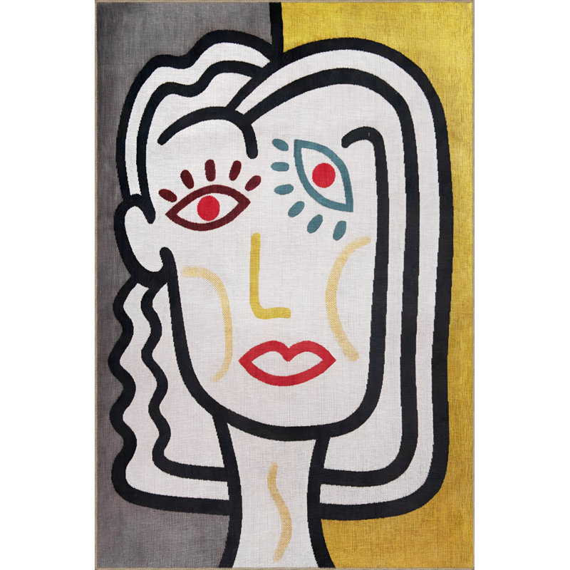 Yellow-Beige Themed Surrealist Woman's Face Patterned Creative Modern Decorative Rug, Runner 3'9" x 6'6"