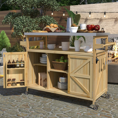 Outdoor Kitchen Island, Rolling Bar Cart & Storage Cabinet, Farmhouse Solid Wood Outdoor Grill Table With Stainless Steel Top, Spice Rack , Towel Rack For Kitchen & Barbecue