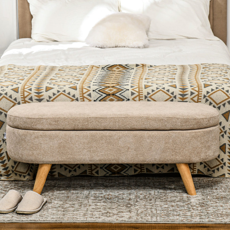 Banc de rangement rembourré et rembourré en polaire beige de 43,3 po avec rangement caché, pieds en bois