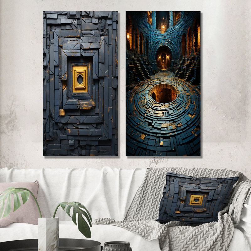 Ancienne pierre Maya Labyrinth II - ensemble de 2 reproductions d'art sur toile abstraites, Toile tendue, H 28 po x l 25 po