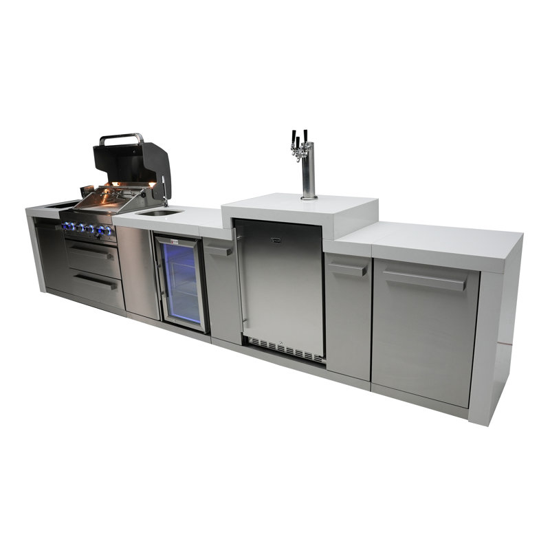 Mont Alpi Premium 168"w X 23"d X 55"h Deluxe Stainless Steel Outdoor Kitchen Island With Refrigerator Faucet & Sink + Kegerator Beer Dispenser + 32"w 4-burner Bbq Grill + Granite Countertops + Storage + Cover + Natural Gas Convertible + Lifetime Warranty