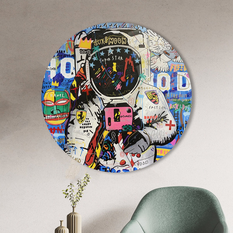 Art mural en verre trempé avec astronaute de style graffiti par Banksy pour Décoration intérieure moderne et élégante | Rond