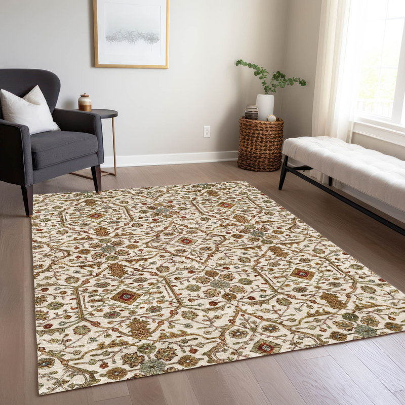 Ivory and Multicolor Synthetic Flat Woven Washable Rug, 5' x 7'