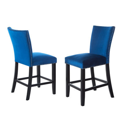 Chaise en velours bleu à hauteur de comptoir avec repose-pieds et garniture cloutée, 2 pièces, meubles de salle à manger, chaises de pub 2 pièces à assembler, bleu, repose-pieds, contemporain