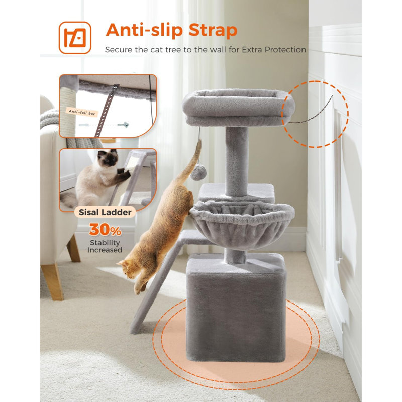 Gray Plush Cat Tree with Sisal Scratching Ramp and Hammock