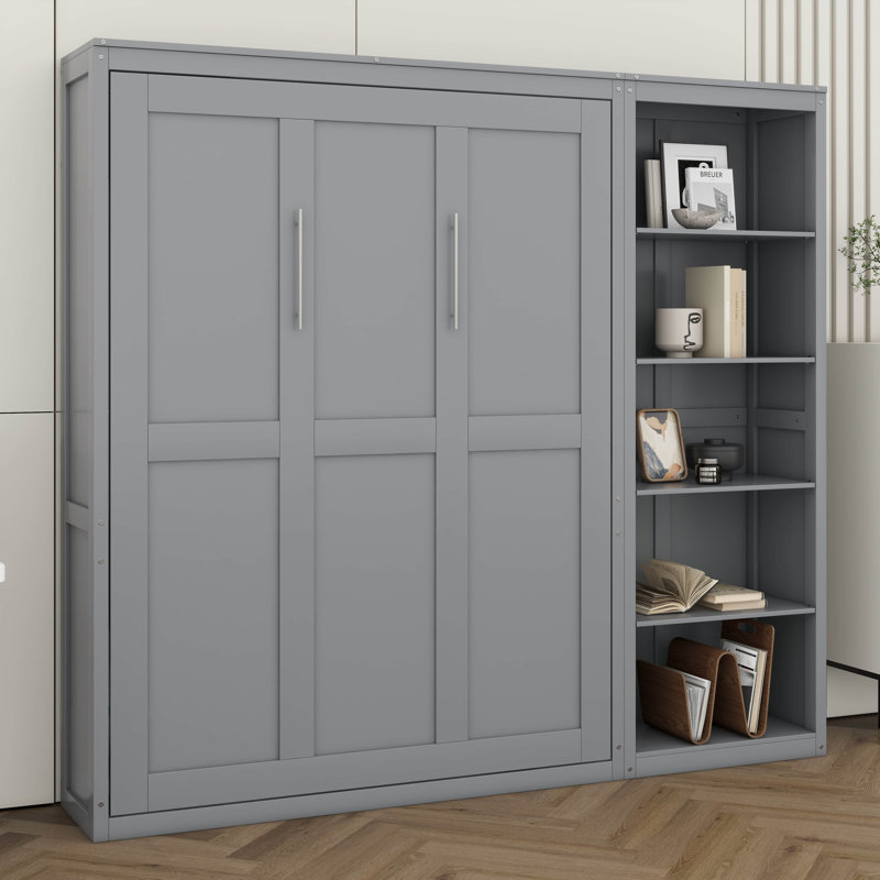 Grand lit escamotable, cadre de lit plateforme pliable et peu encombrant avec tablettes de rangement à 5 couches pour la pièce