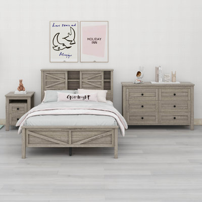 Ensembles de chambre à coucher 3 pièces Farmhouse Design, lit plateforme double avec table de chevet et commode de rangement, lit plateforme en bois massif avec tête de lit double à porte coulissante et station de charge
