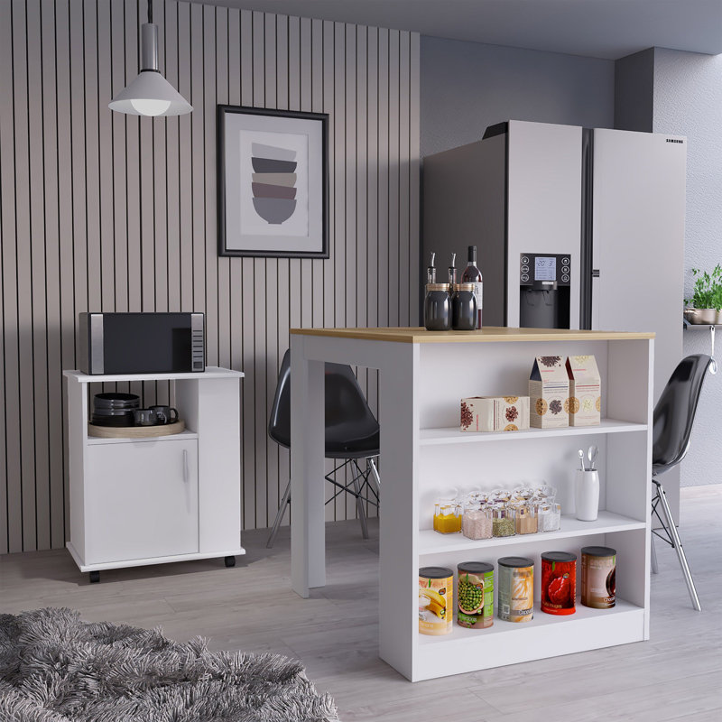 Farley 2-Piece Kitchen Set wth Kitchen Island and Kitchen Cart, White/Light Oak
