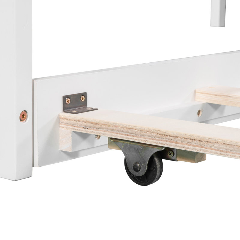 Twin Size L Shape Platform Bed Frame With Trundle, Rawers And Built-In Table, White