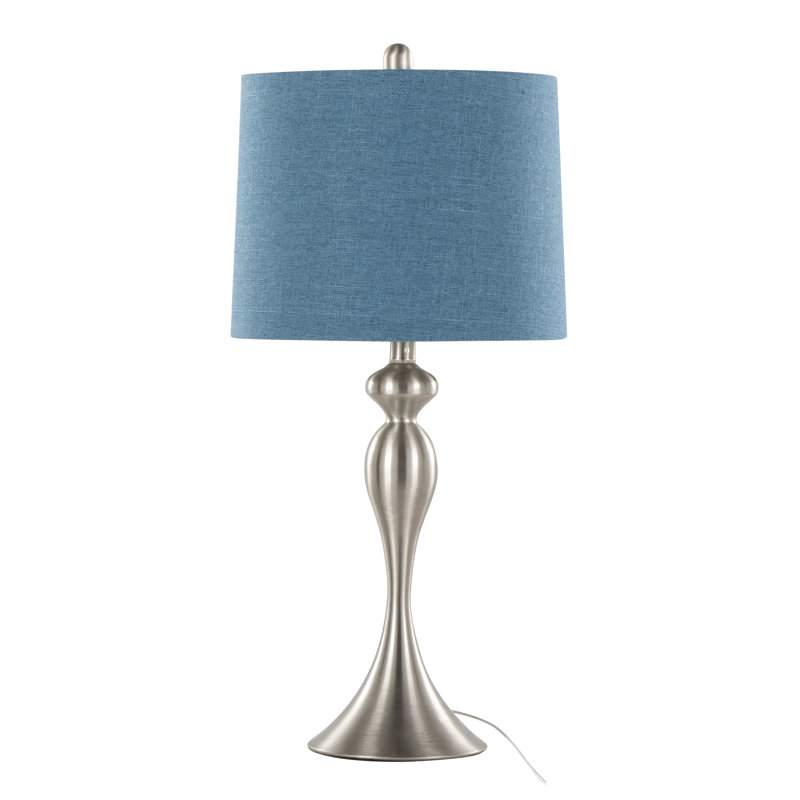 Lampe de table contemporaine en métal 27 po avec abat-jour en lin texturé bleu marocain - ensemble de 2, Bleu, Argent argent