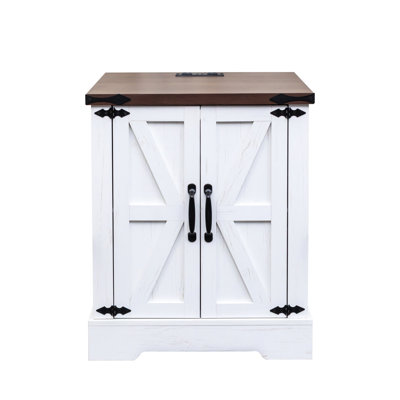 Table de bout en noyer avec fonction de charge - Design rustique et tablette réglable Base blanche Accent latéral foncé