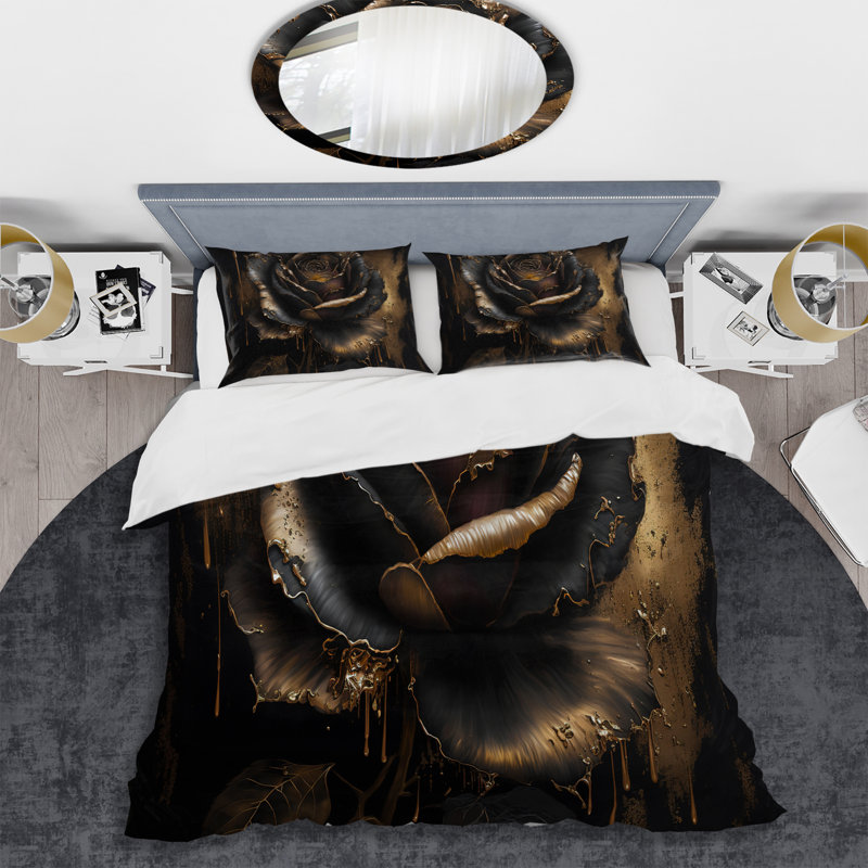 Black and Gold Rose I - Ensemble de housse de couette à motif floral rose - Microfibre de polyester