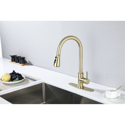Pull Out Spray Kitchen Faucet In Brushed Gold Gleaming, Stainless Steel Competence, 360 Rotating Peculiar Nozzle, Corrosion And Rust Proposed, Single Handle Audited Faucet, Solidity, Rotatable