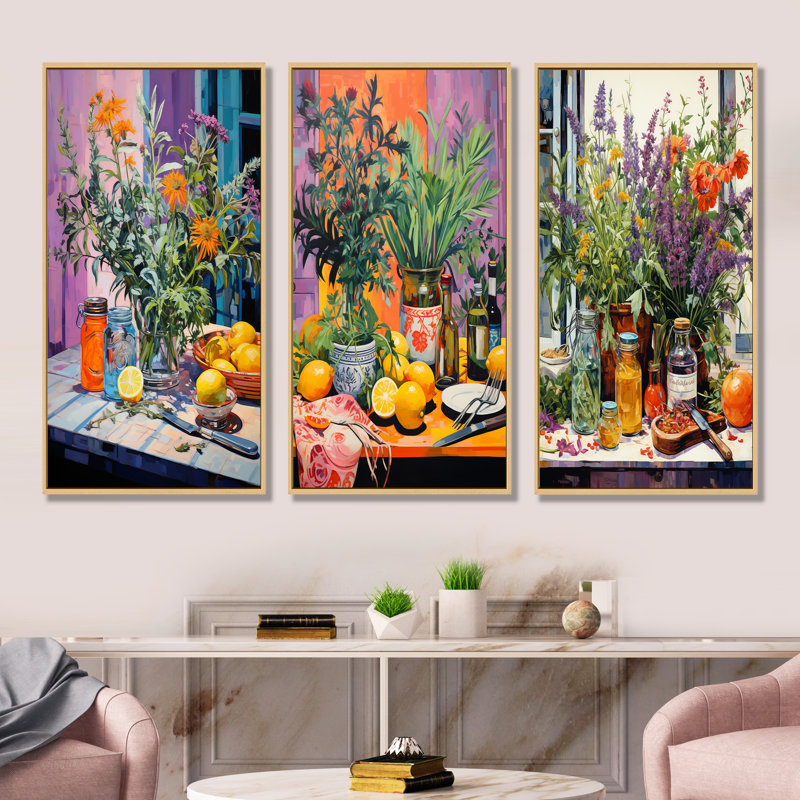 «Fauvist Herbs Pottery Flavors I», ensemble de 4 reproductions d'art sur toile, Cadre flottant brun, H 28 po x l 36 po