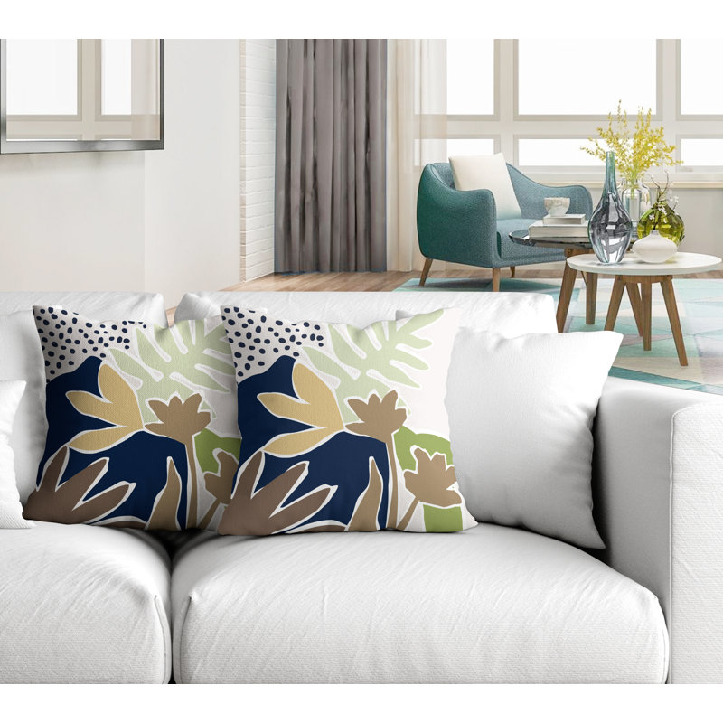 Jeté carré en polyester / mélange de polyester intérieur / extérieur, L 15 po x H 15 po, Chartreuse / bleu marine / beige