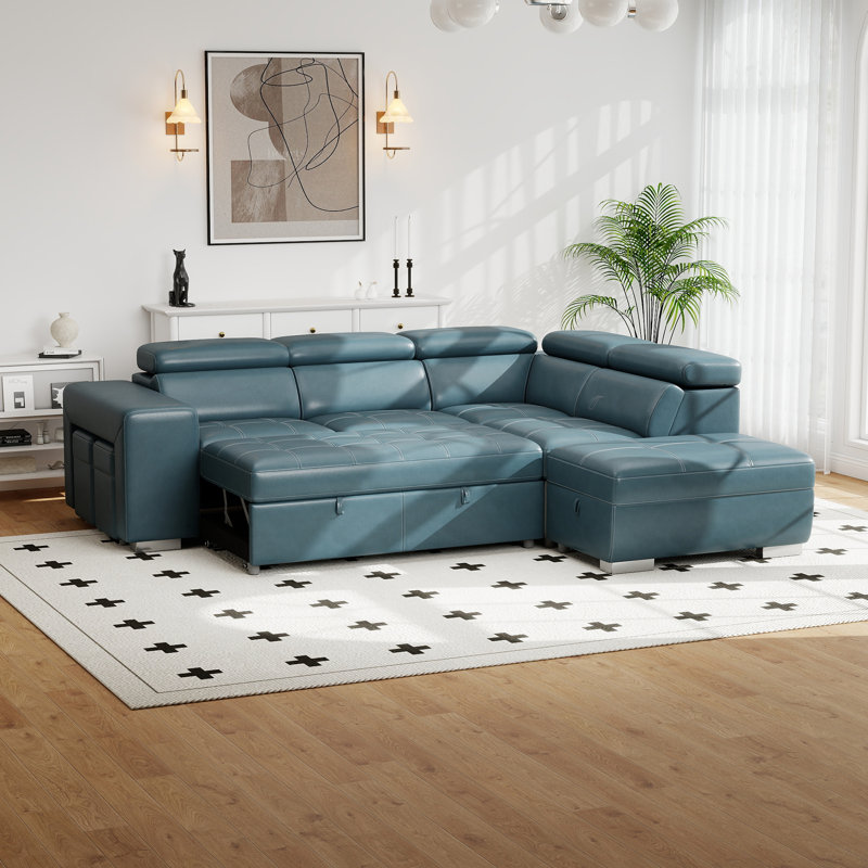 104" L Shape Sectional Sleeper Sofa 2 in 1 Convertible Sleeper Sofa With Pull Out Bed And 2 Stools, Blue Polyester