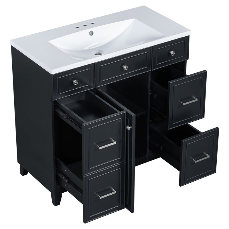 Meuble-lavabo 36 po avec lavabo en céramique, portes à fermeture douce, tablettes réglables et 3 tiroirs, Noir