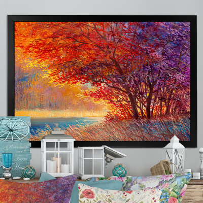 «Lake On Autumn Orange Maple Forest», reproduction sur toile flottante