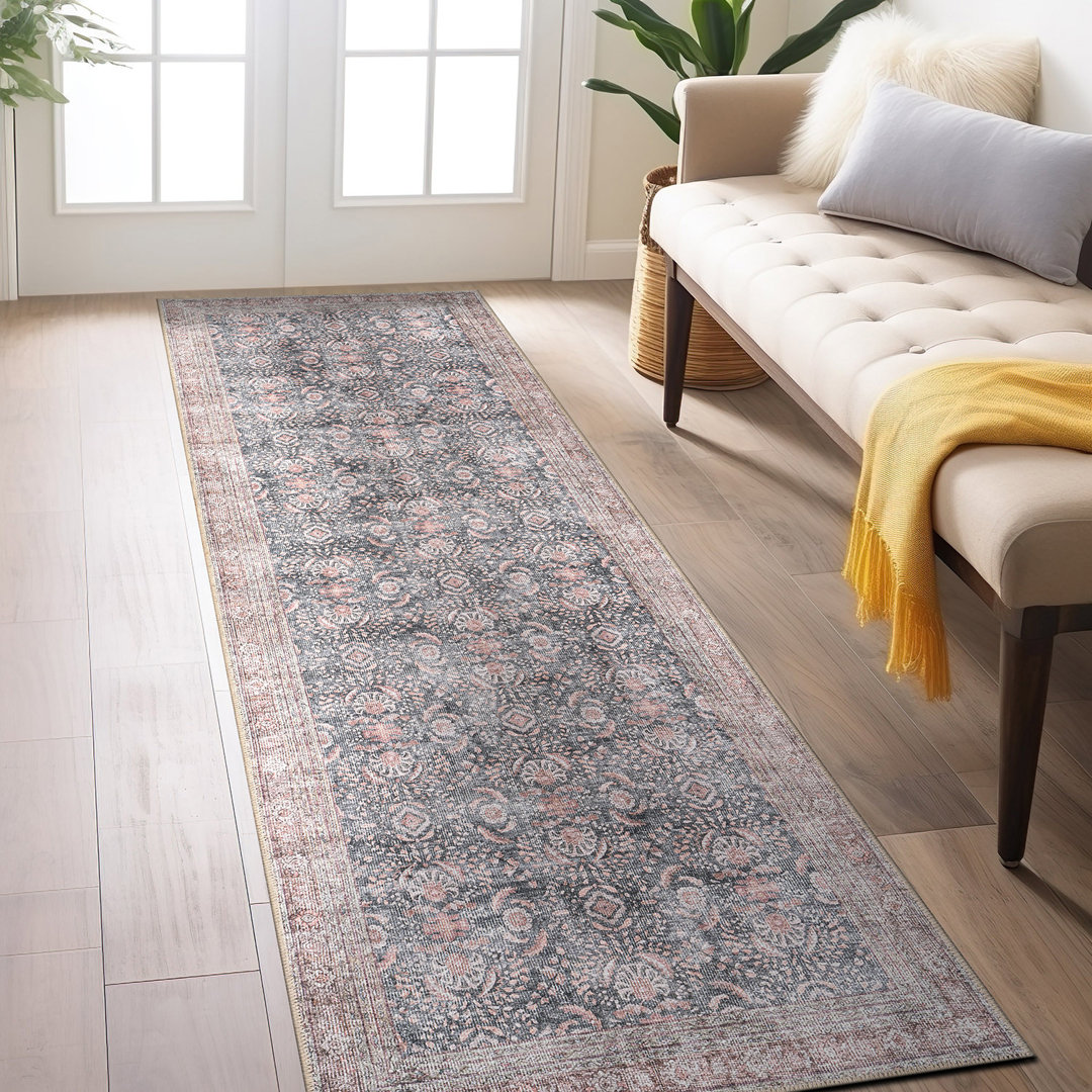 Labarbera Machine Washable Charcoal/Red Non-Slip Backing Area Rug Langley Street® Rug 