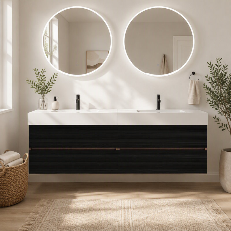 Meuble-lavabo 72 po (36 po * 2) avec lavabo à surface solide d'ingénierie et tiroirs souples, meuble-lavabo mural flottant, lavabo une pièce