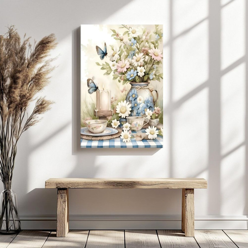 Tableau 2D encadré sur toile, idéal pour la Saint-Patrick et Pâques. Motif rustique, bouquet de papillons et service à thé aux chandelles. Impression aquarelle réaliste. Décoration murale hivernale. Cadeau idéal. Prêt à accrocher.
