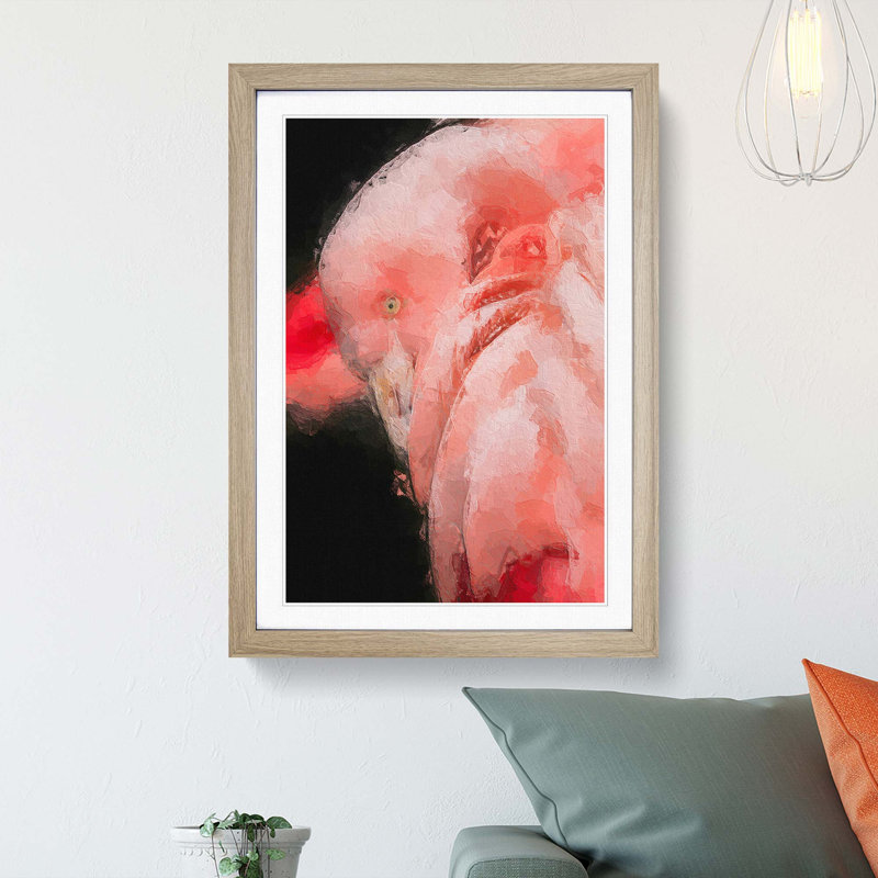 Pink Flamingo - Picture Frame Painting Print, 36cm H x 27cm W x 2cm D, Oak Framed