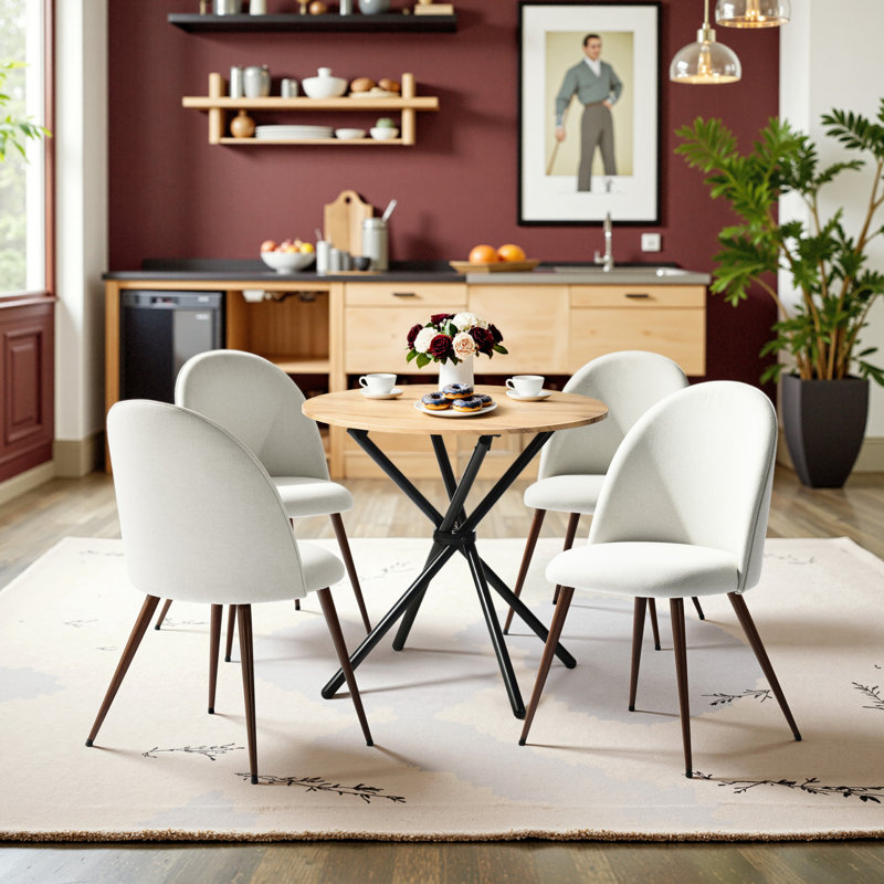 5 Pieces Modern Dining and Lounge Set with Round Table Upholstered Chairs for Reception Office and Living Room, Beige, Oak