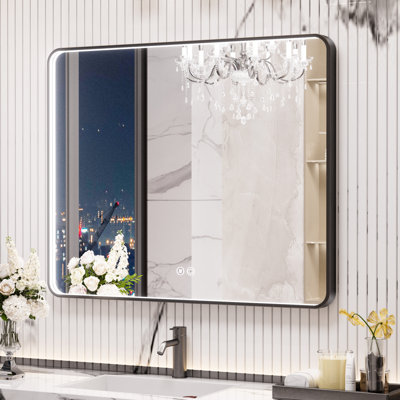 Rectangle LED Bathroom Mirror, Metal Frame Vanity Mirror with Lights, Anti-fog, Dimmable&3 Colors Temperatures Adjustable, Memory Fuction