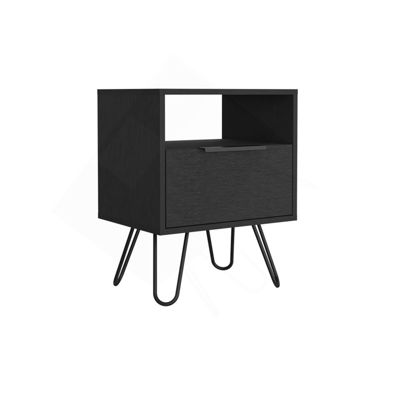 Nightstand Skyoner, Single Drawer, Hairpin Legs, Black Wengue Finish, Black