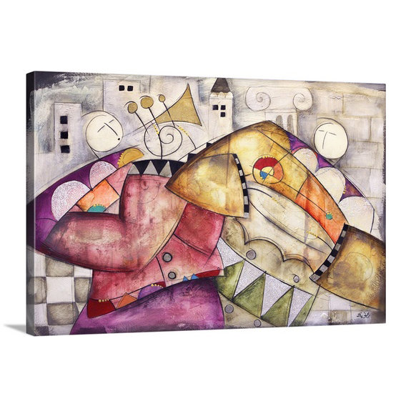 «Antique City Jazz II Trumpet Congo» par Eric Waugh, impression, H 32 po x l 44 po x P 1 po, Cadre blanc