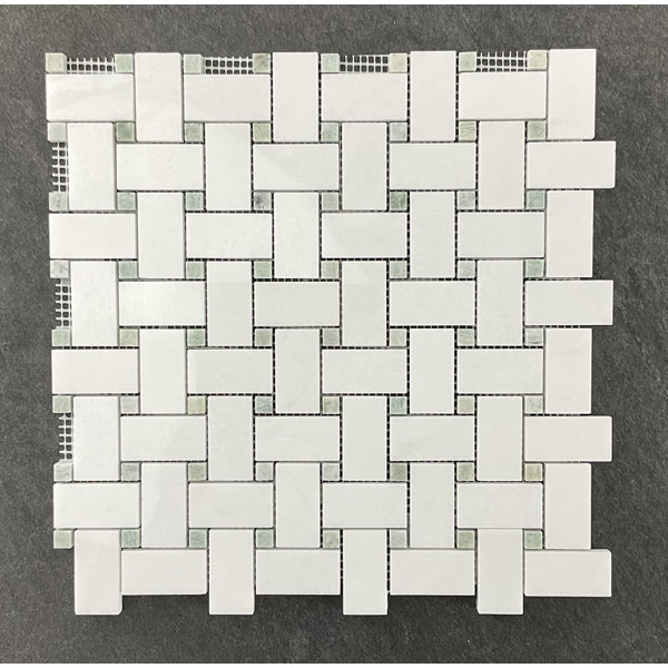 Thassos White 1" x 2" Basketweave with Ming Green Dot Mosaic Wall & Floor Tile