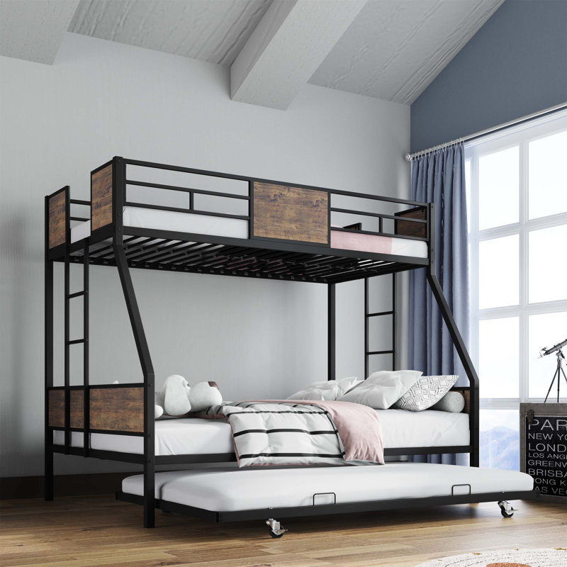 Lits simples superposés avec lits gigognes avec lit gigogne, idéal pour les chambres d'enfants, avec barrières de sécurité, deux échelles, cadre robuste et planches de soutien