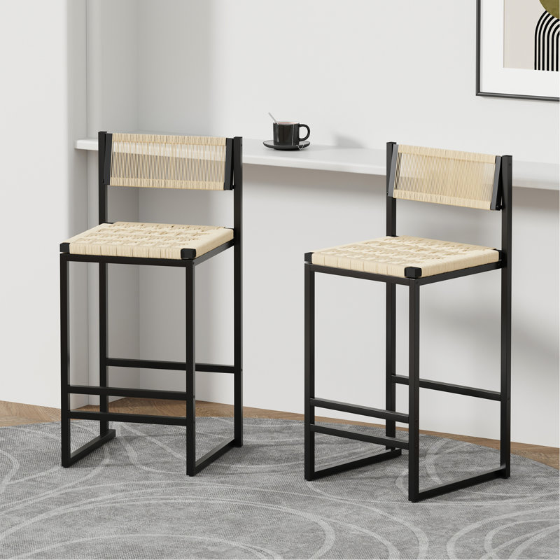 Ensemble de 2 tabourets de bar tissés avec dossier en corde de papier tissé pour îlot de cuisine (style B noir et blanc crème)