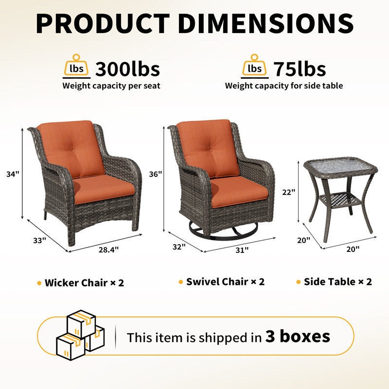 6-Piece Outdoor Wicker Swivel Rocker Patio Conversation Set With Glass-Top Side Tables & Cushions, All-Weather PE Rattan Furniture For Backyard, Porch, Deck