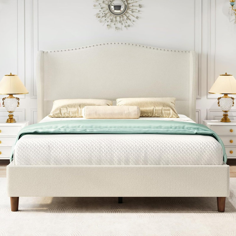 Velvet Upholstered Sleigh Bed with Scroll Wingback Headboard, Full