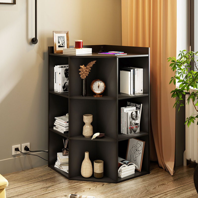 Bibliothèque d'angle moderne avec station de charge - armoire d'angle en bois peu encombrante pour les petits espaces, la salle de jeux et le salon