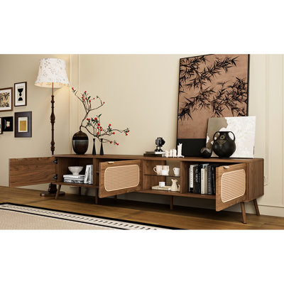 Meuble télé de 78 po pour téléviseur de 70 à 79 po, console avec amplement de rangement dans le salon, la chambre à coucher, le centre de divertissement avec tablette ouverte, portes décoratives entrelacées et tablettes en verre élégantes, charnières,