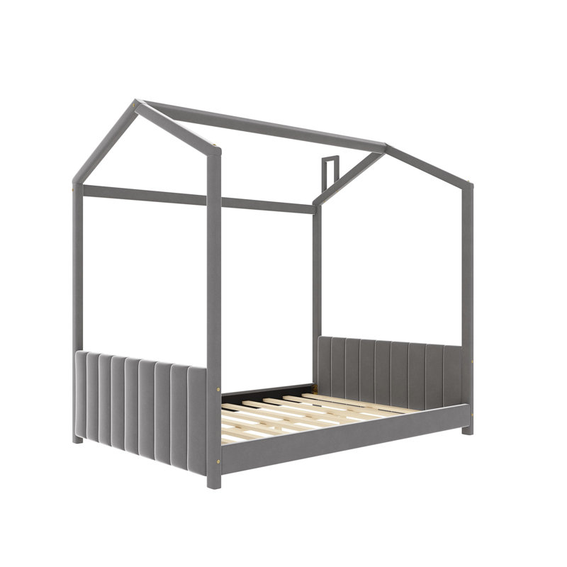 Lit double en velours avec toit et aire de jeux, structure en pin robuste pour un sommeil confortable