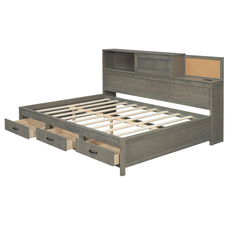 Full Size Wooden Daybed With 3 Storage Drawers, Upper Soft Board, Shelf, And A Set Of Sockets And USB Ports, Gray, Gray