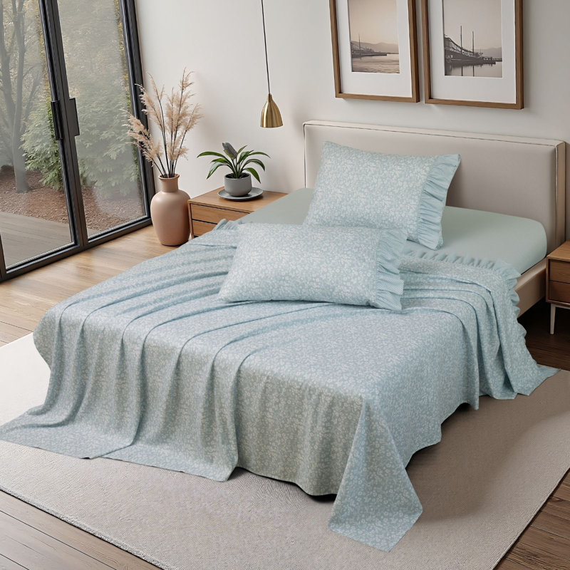 Printed Floral and Polka-Dot Ruffle Sheet Set, Blue, King