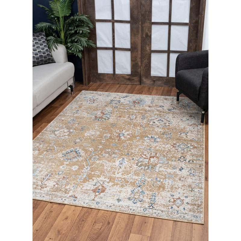Gold and Beige 5' x 7' Stain-Resistant Synthetic Area Rug