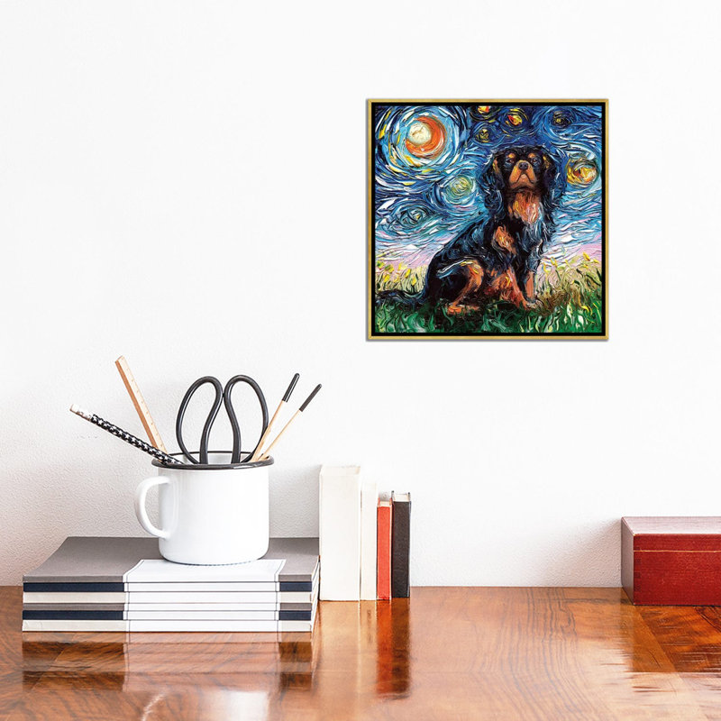 « Cavalier King Charles Spaniel Night » par aja Trèves, reproduction d’art, H 12 po x l 12 po x P 1,5 po, Toile encadrée d'or