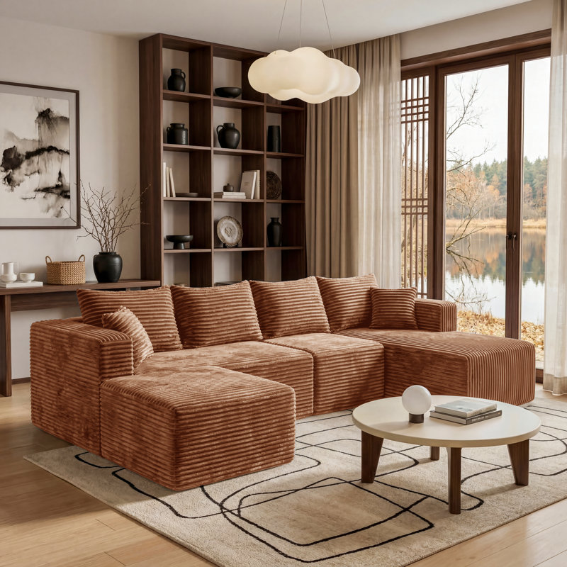 118" Modular Sectional Sofa, U-Shaped Modern Corduroy Couch Set, Contemporary Deep Seat Upholstered Couches Living Room Sectional With Chaise